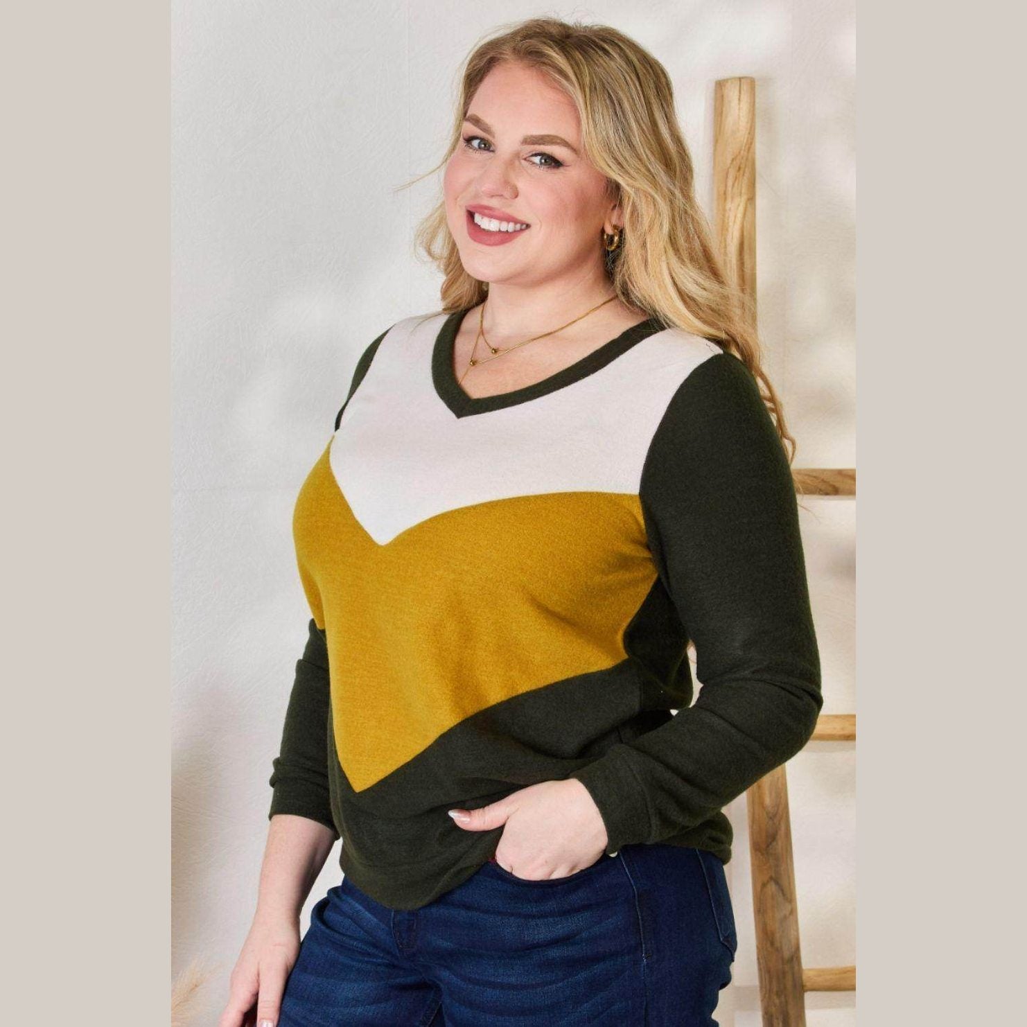 Hailey & Co Full Size Colorblock V-Neck Blouse - VacationGrabs