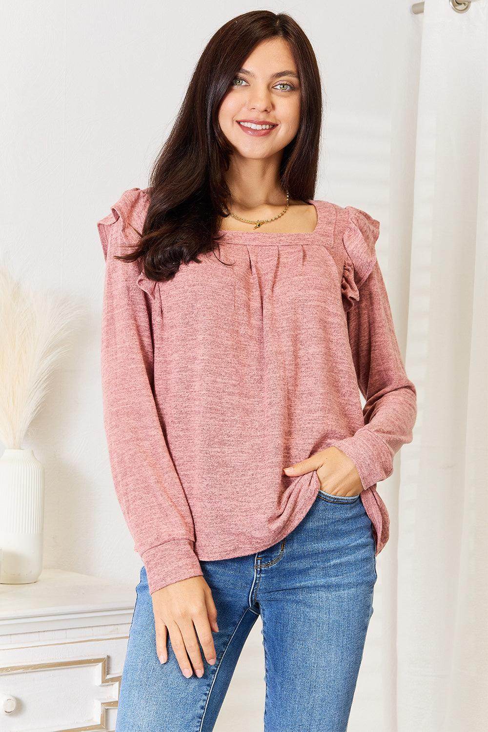 Double Take Square Neck Ruffle Shoulder Long Sleeve T-Shirt - VacationGrabs