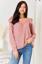 Double Take Square Neck Ruffle Shoulder Long Sleeve T-Shirt - VacationGrabs