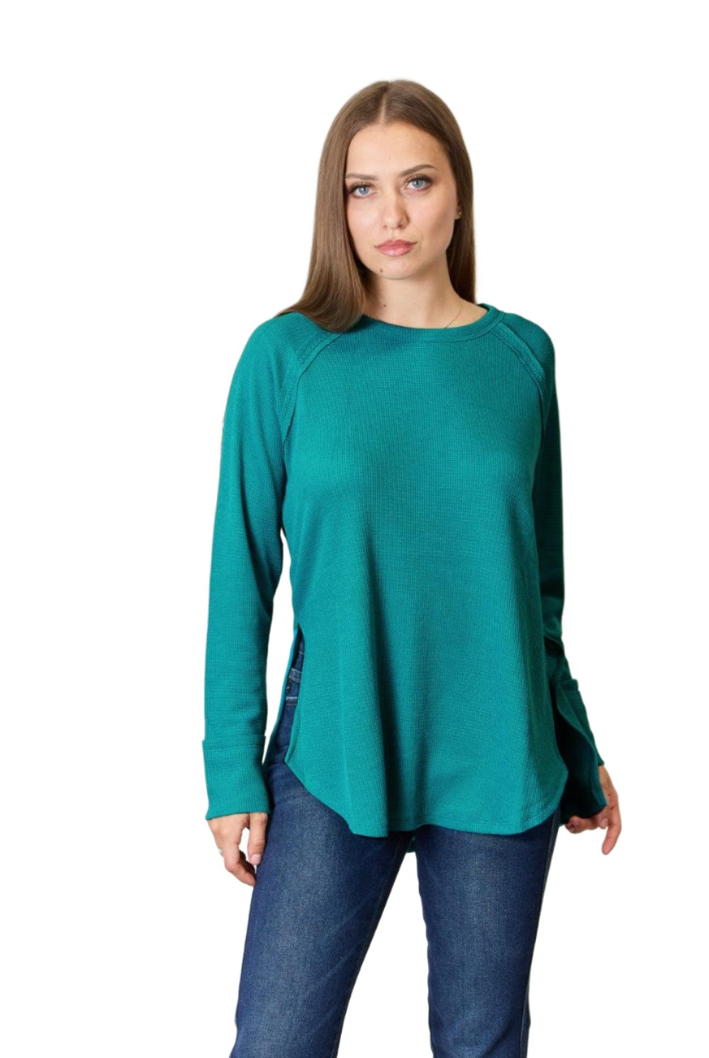 Women's Shirts Zenana Round Neck Long Sleeve Slit Top
