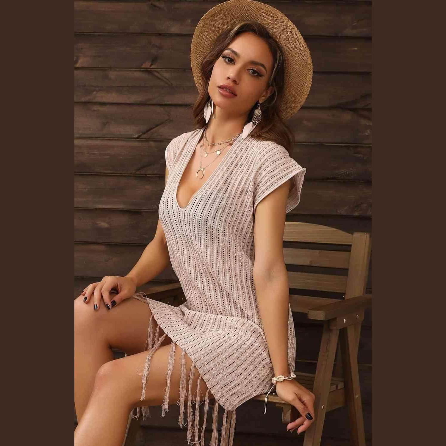 Fringe Hem Short Sleeve Deep V Cover Up Dress - VacationGrabs