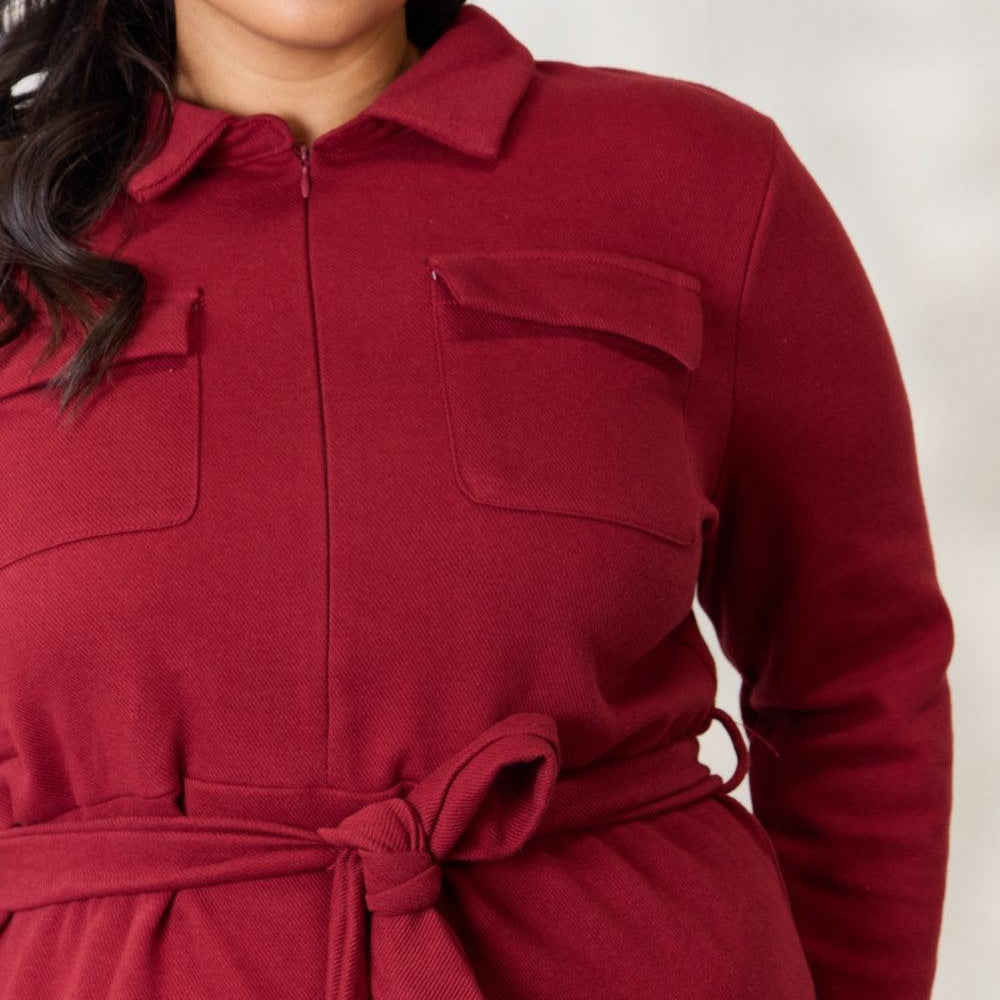 Women's Dresses Culture Code Full Size Tie Front Half Zip Long Sleeve Shirt Dress