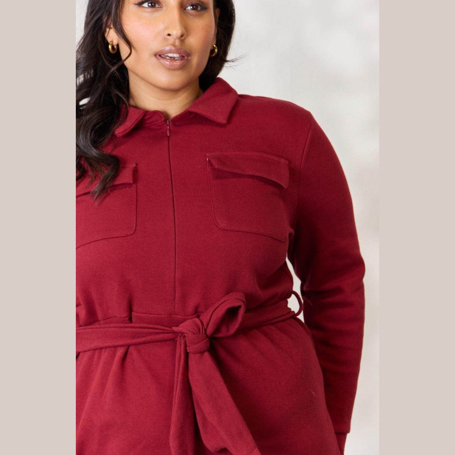 Culture Code Full Size Tie Front Half Zip Long Sleeve Shirt - VacationGrabs