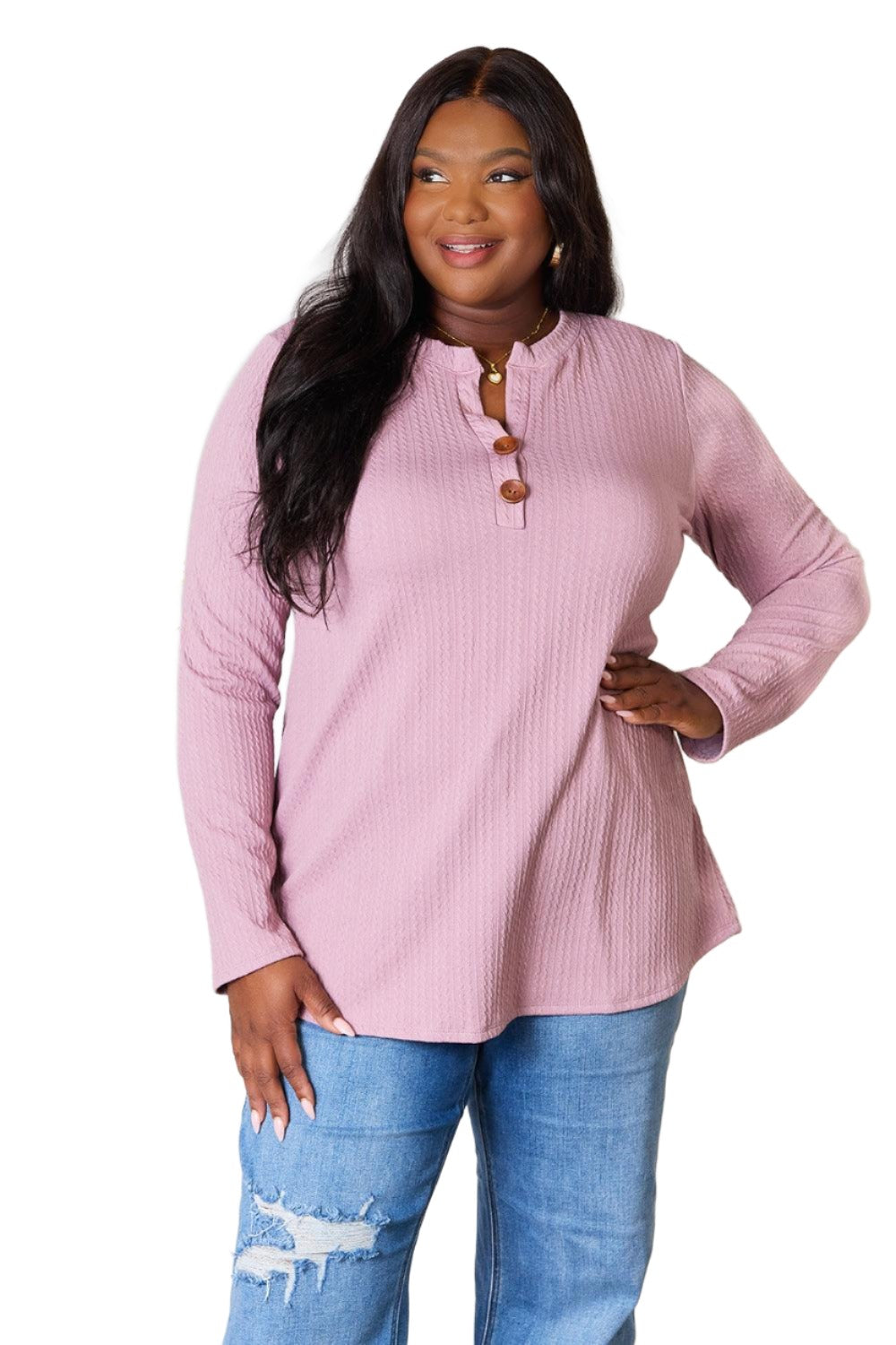 Women's Shirts Celeste Full Size Texture Half Button Long Sleeve Blouse