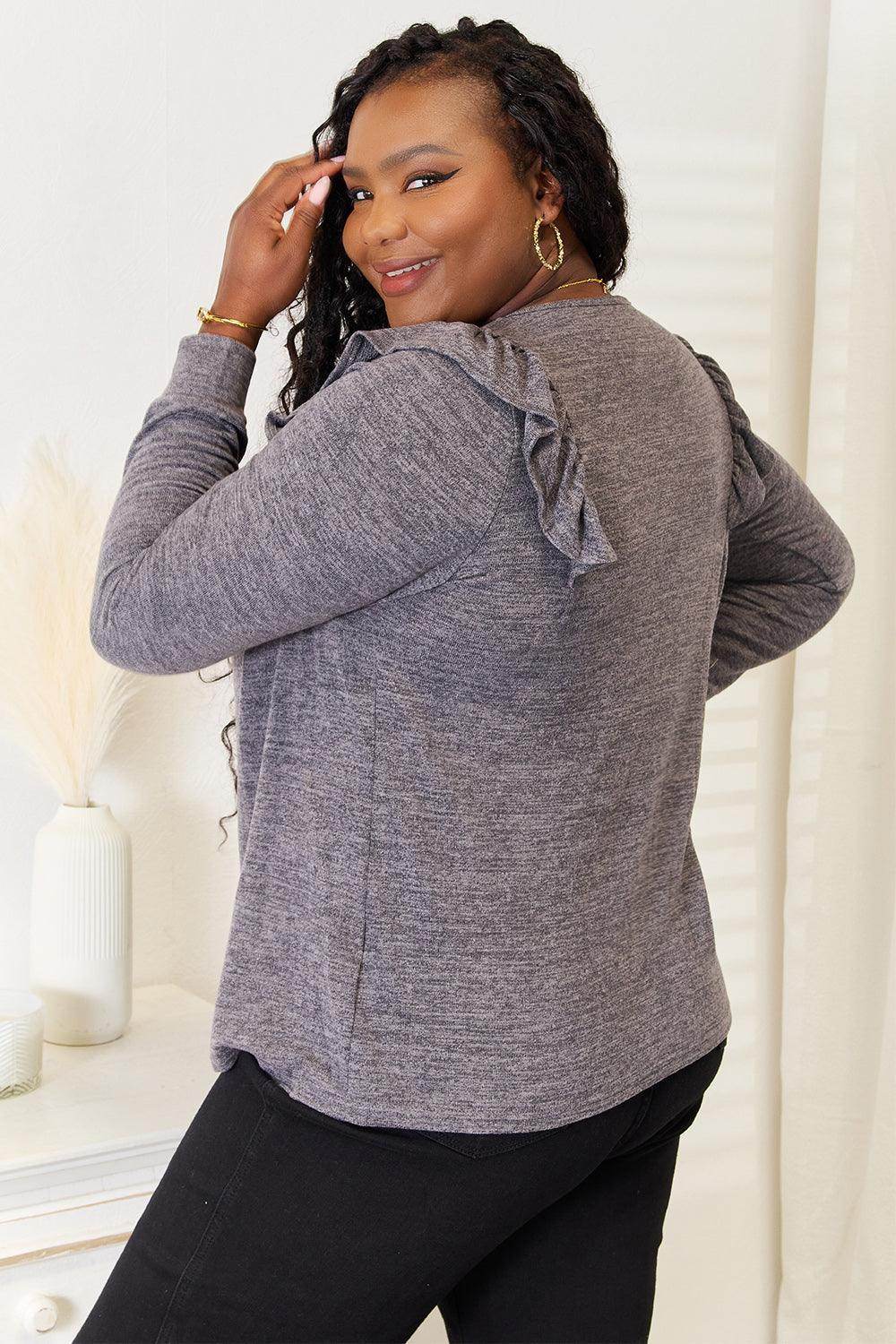 Double Take Square Neck Ruffle Shoulder Long Sleeve T-Shirt - VacationGrabs