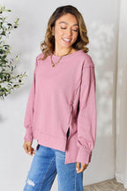 Culture Code Full Size Round Neck Exposed Seam Slit Top - VacationGrabs