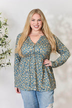 Heimish Full Size Floral Half Button Long Sleeve Blouse - VacationGrabs