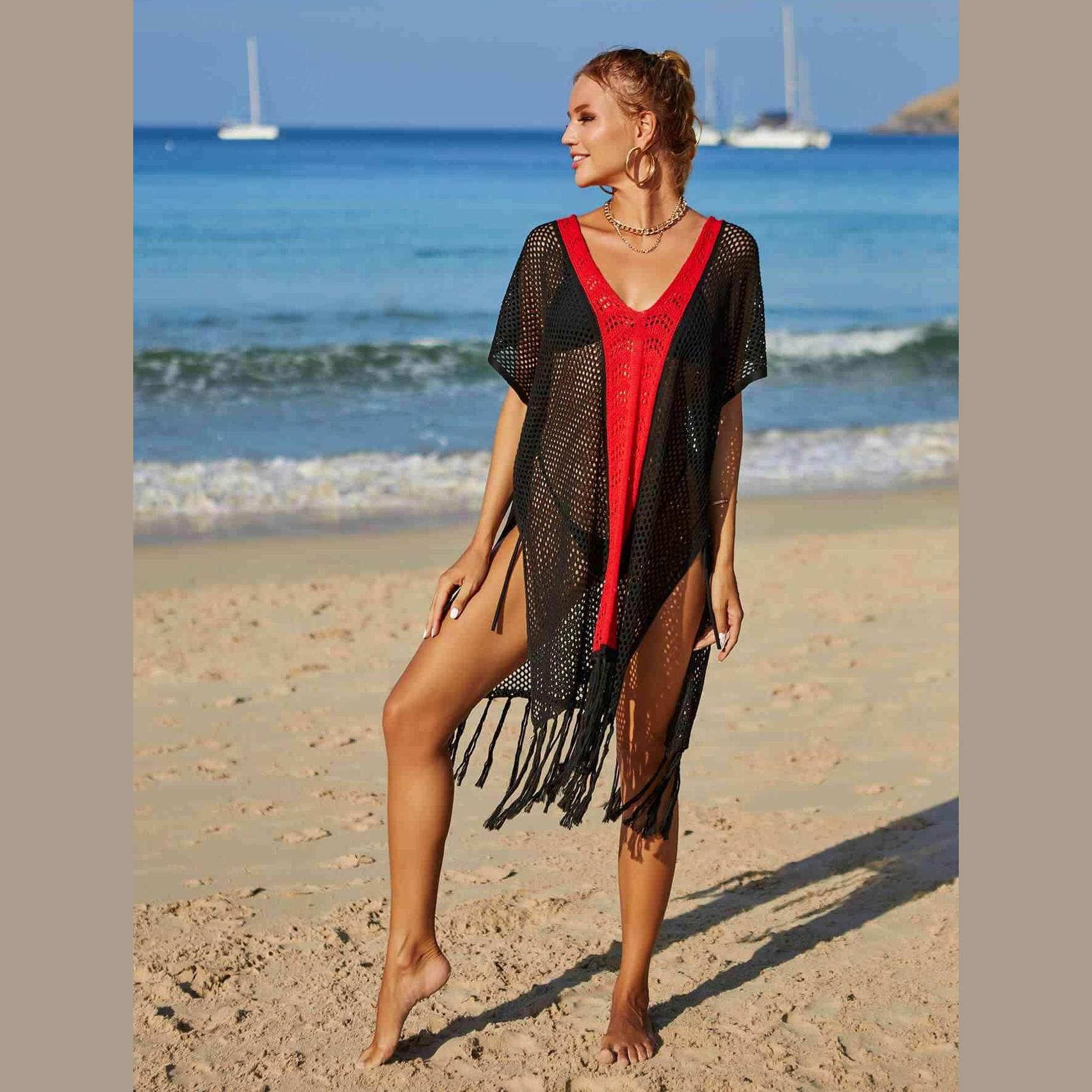 Contrast Fringe Trim Openwork Cover-Up Dress - VacationGrabs