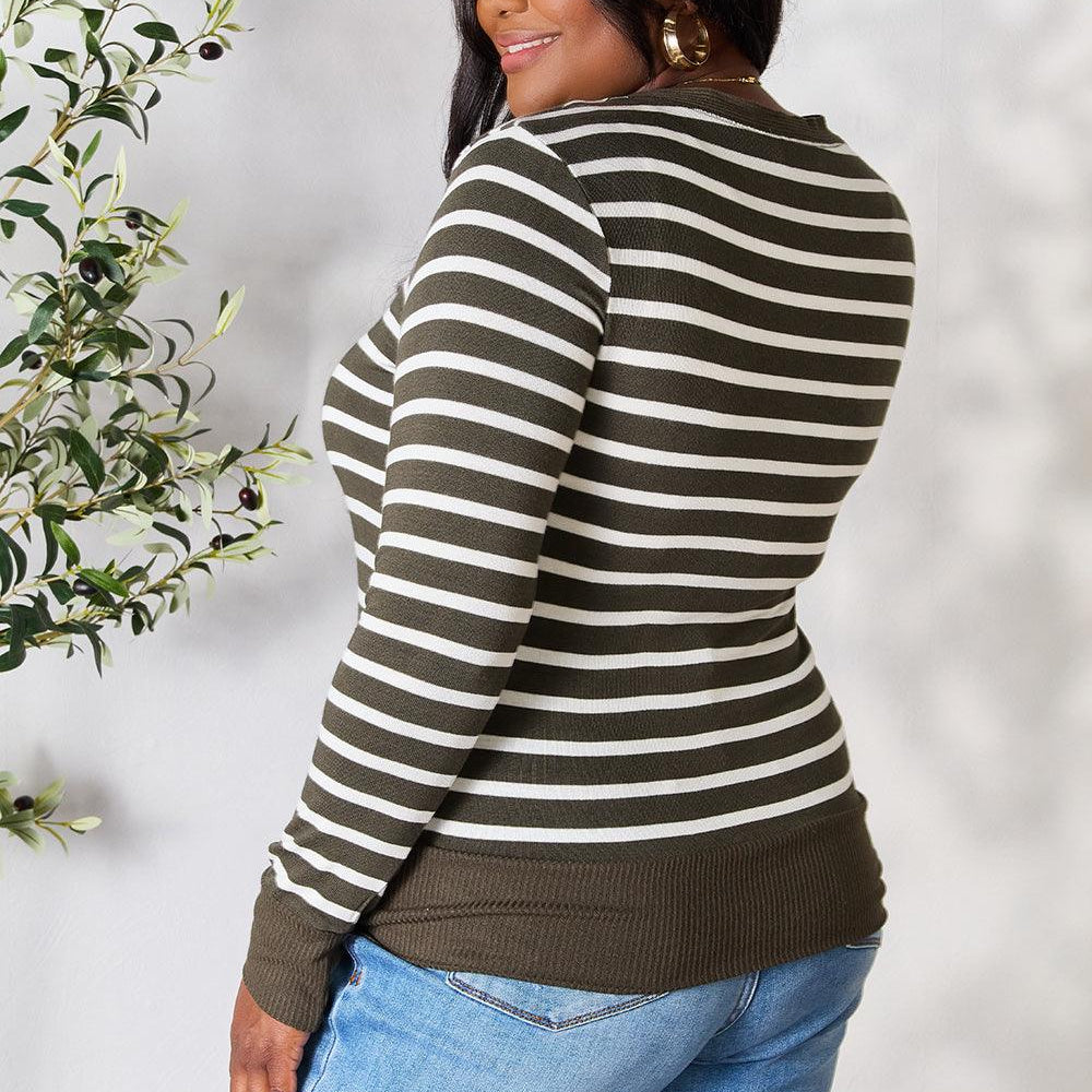 Women's Sweaters - Cardigans Zenana Full Size Striped Snap Down Cardigan