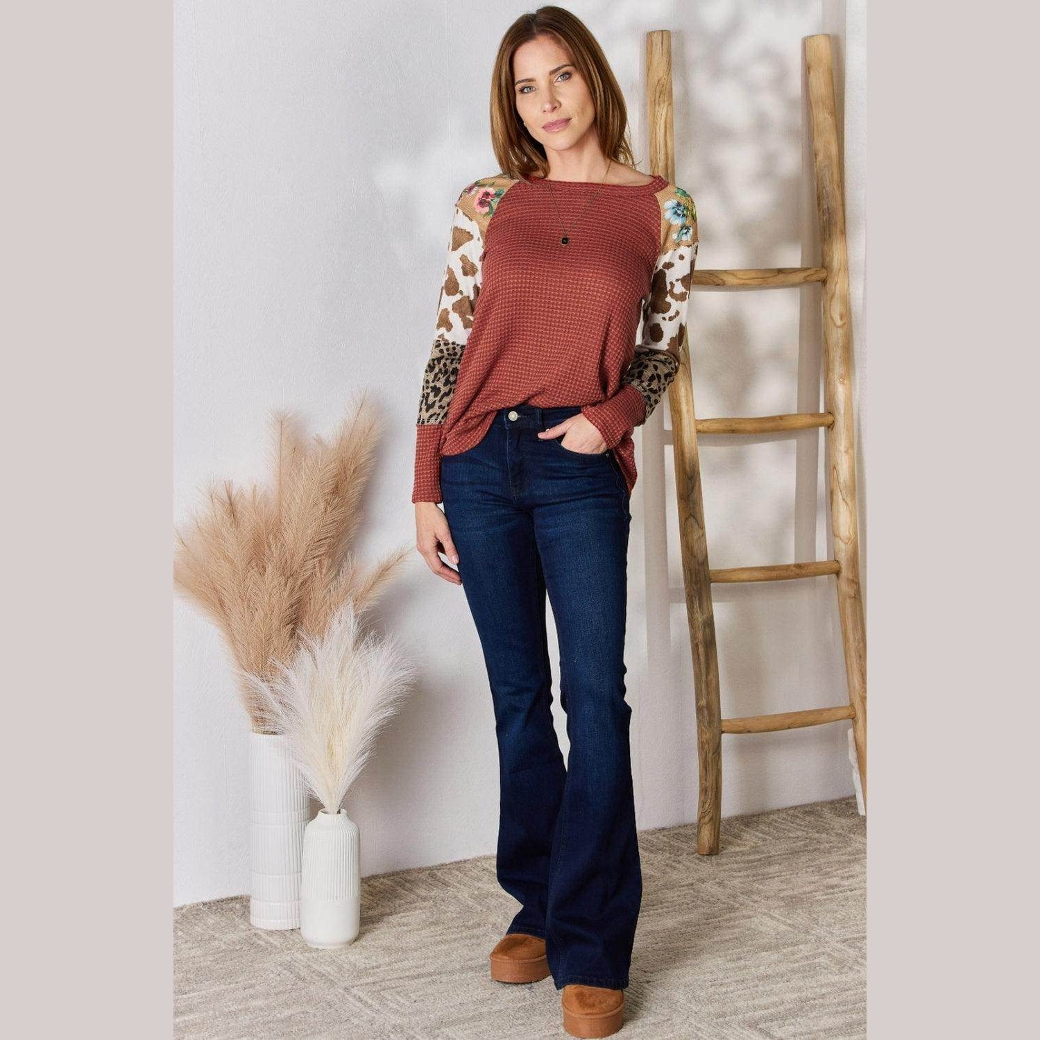 Hailey & Co Full Size Leopard Waffle-Knit Blouse - VacationGrabs