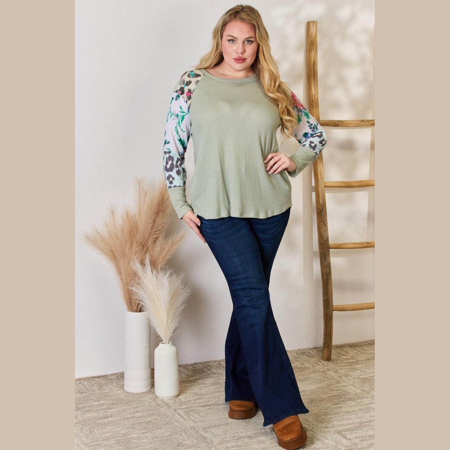 Hailey & Co Full Size Printed Round Neck Blouse - VacationGrabs