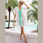 Contrast Fringe Trim Openwork Cover-Up Dress - VacationGrabs