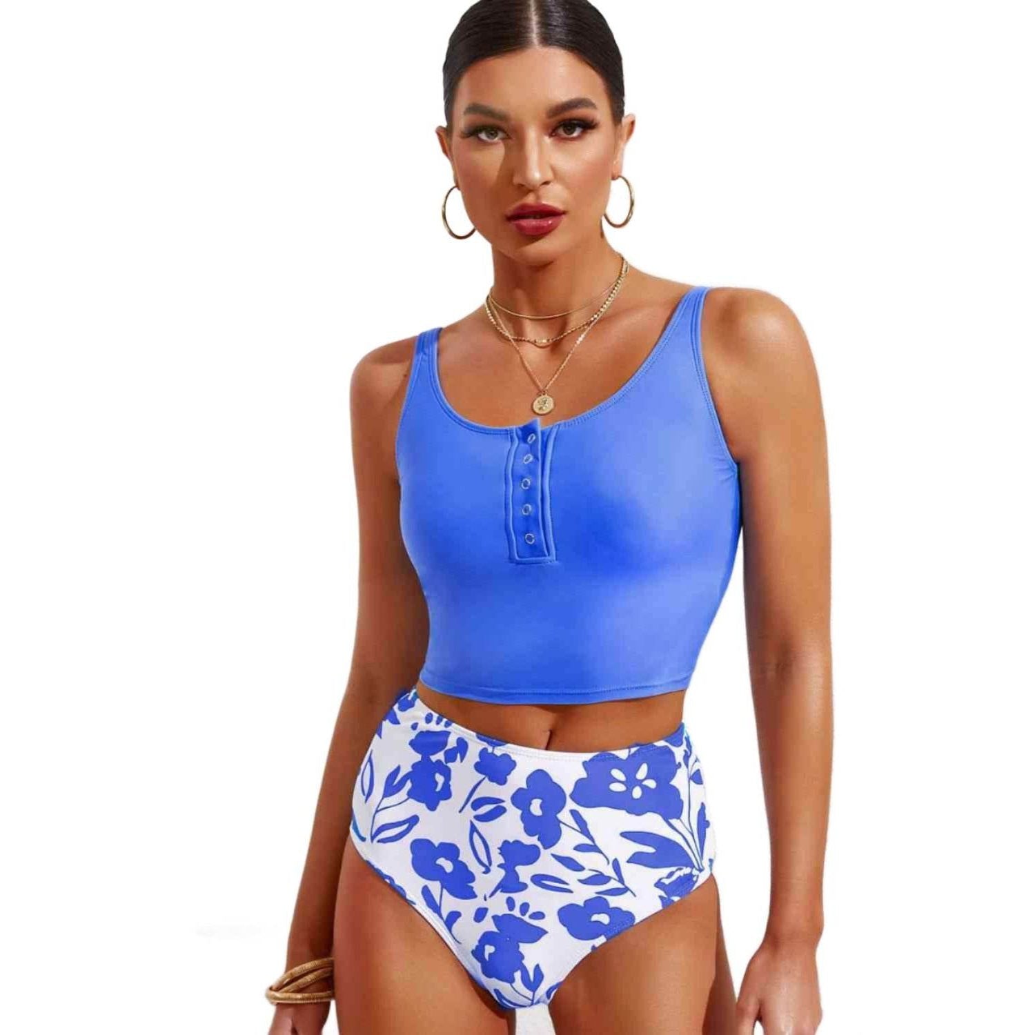 Half Snap Square Neck Tankini Set - VacationGrabs