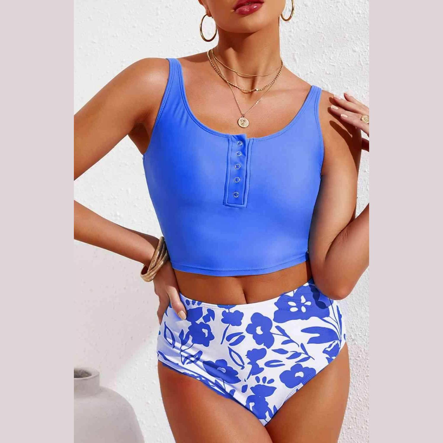 Half Snap Square Neck Tankini Set - VacationGrabs
