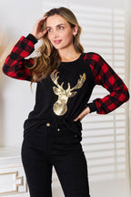 Heimish Full Size Sequin Reindeer Graphic Plaid Top - VacationGrabs