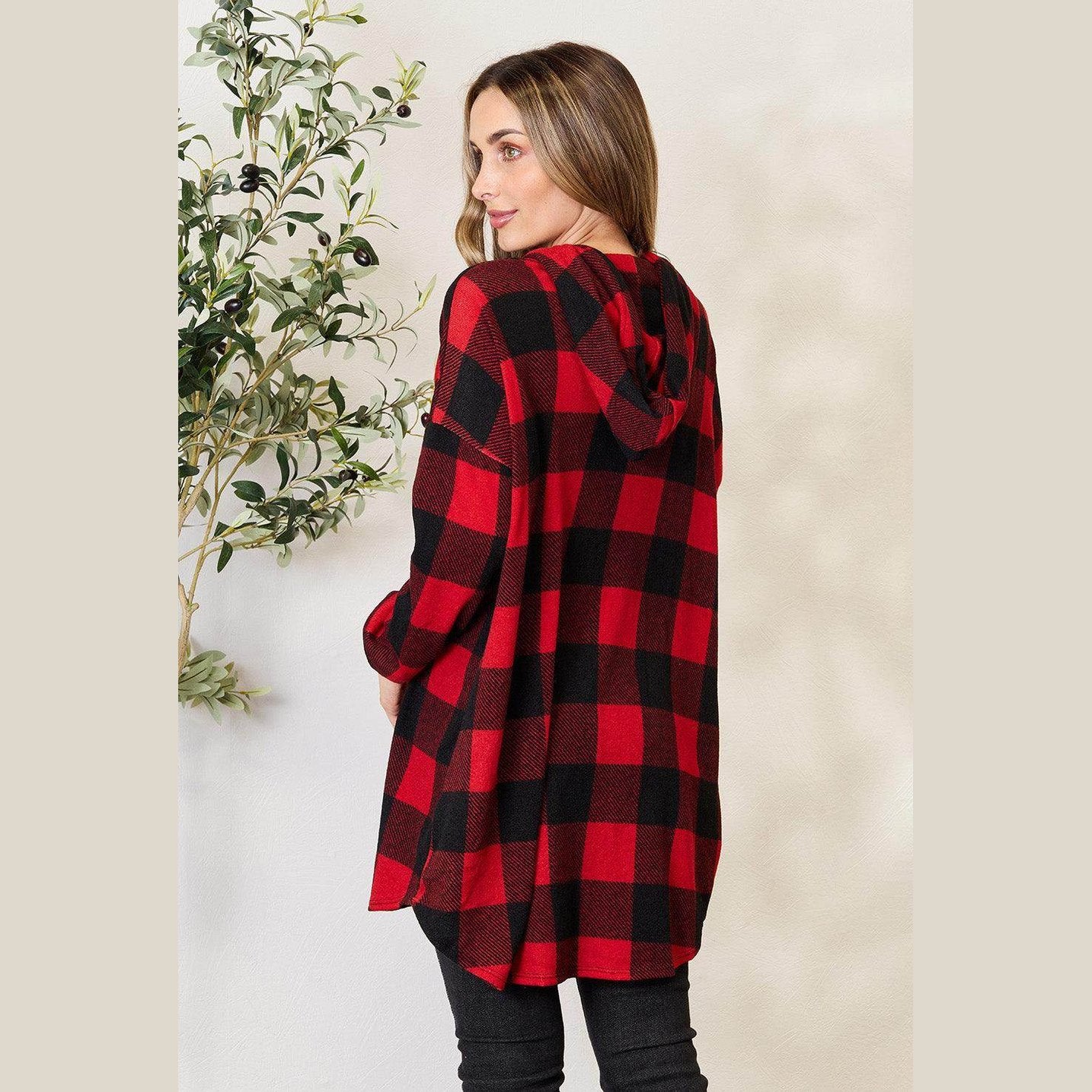 Heimish Full Size Plaid Button Front Hooded Shirt - VacationGrabs