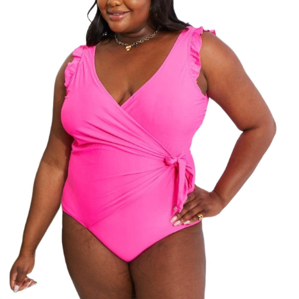 Women's Swimwear - Plus Sizes Pink Ruffle Faux Wrap Swimsuit 3XL
