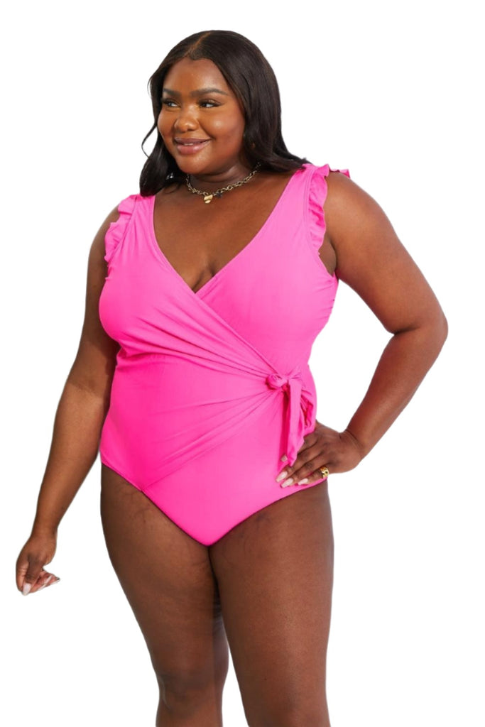 Women's Swimwear - Plus Sizes Pink Ruffle Faux Wrap Swimsuit 3XL