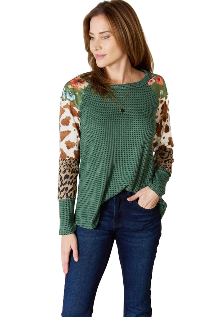 Women's Shirts Hailey & Co Full Size Waffle-Knit Leopard Blouse