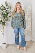 Heimish Full Size Floral Half Button Long Sleeve Blouse - VacationGrabs