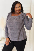 Double Take Square Neck Ruffle Shoulder Long Sleeve T-Shirt - VacationGrabs