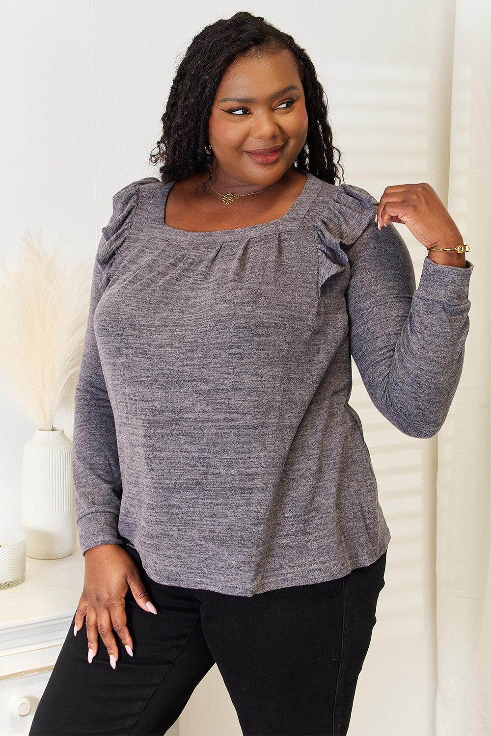 Double Take Square Neck Ruffle Shoulder Long Sleeve T-Shirt - VacationGrabs