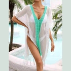 Contrast Fringe Trim Openwork Cover-Up Dress - VacationGrabs