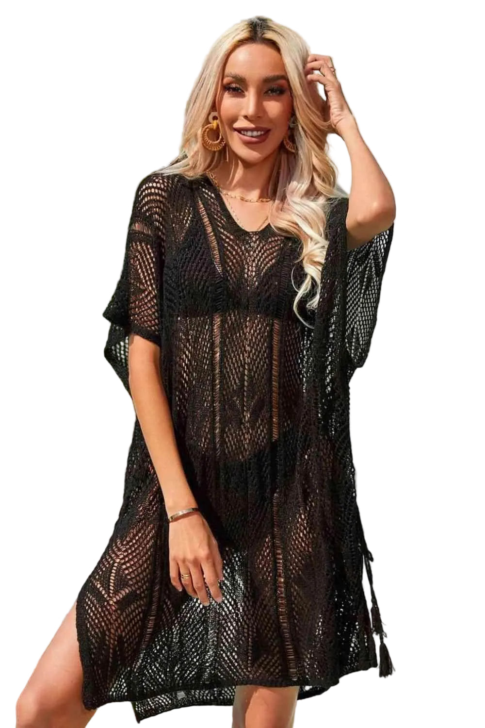 Side Slit Tassel Openwork Cover-Up Dress - VacationGrabs
