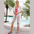 Contrast Fringe Trim Openwork Cover-Up Dress - VacationGrabs