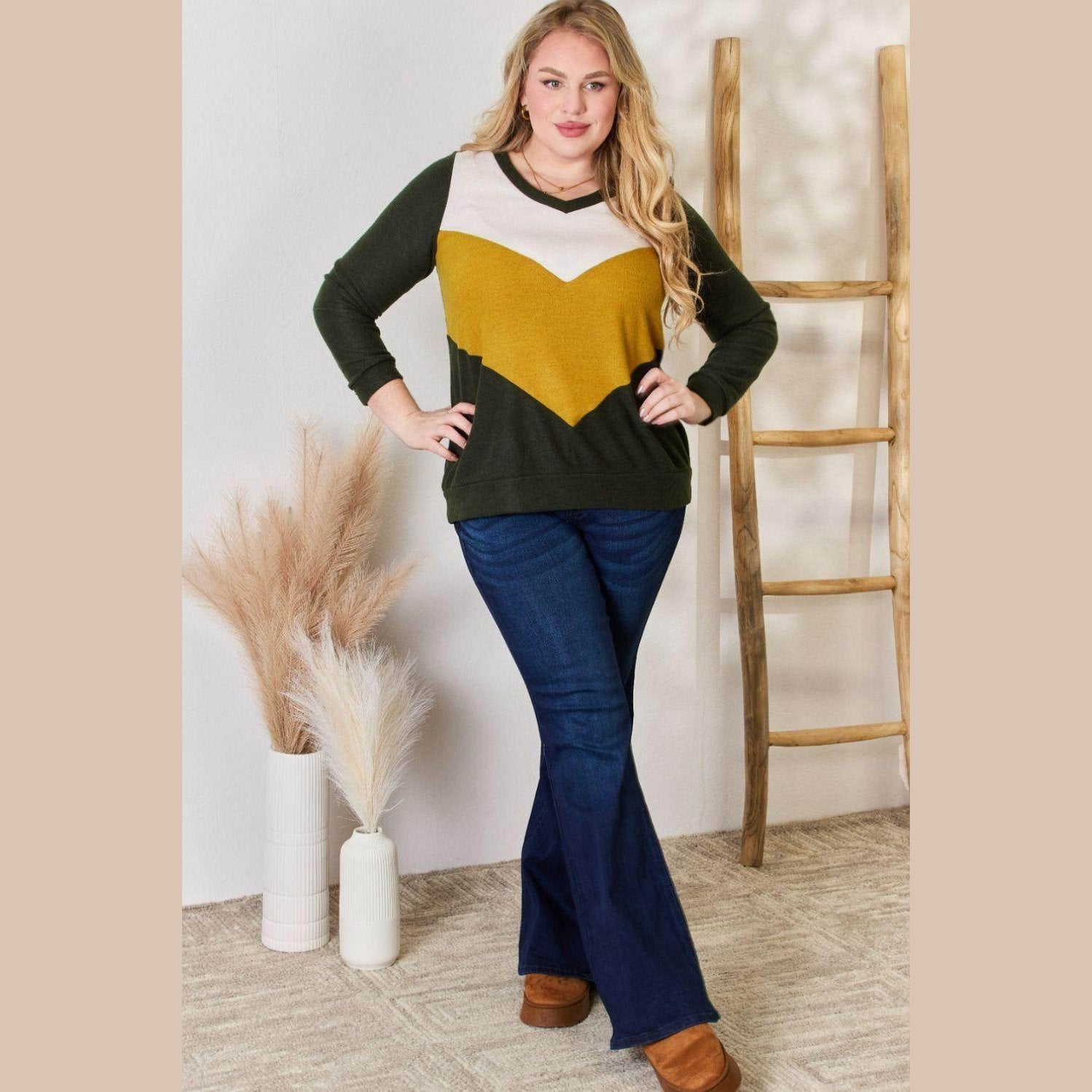 Hailey & Co Full Size Colorblock V-Neck Blouse - VacationGrabs