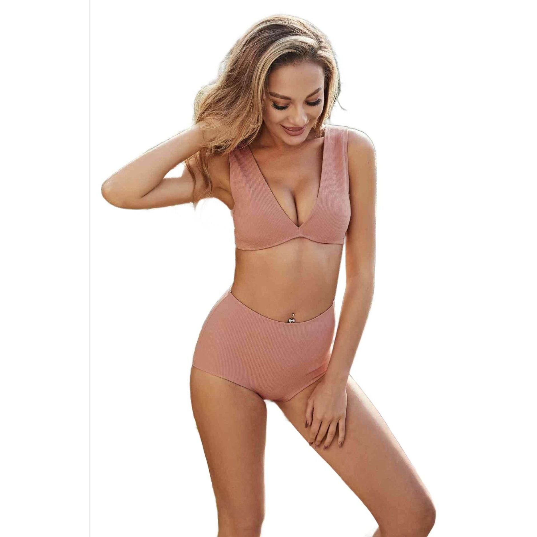 Ribbed V-Neck Bikini Set - VacationGrabs