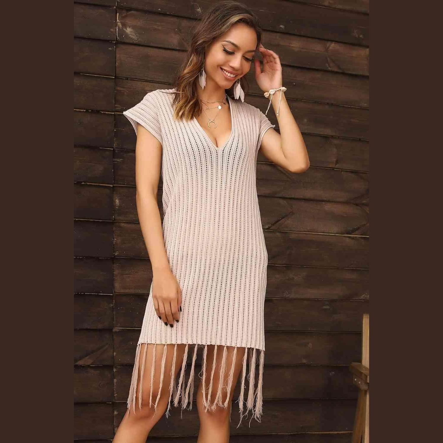 Fringe Hem Short Sleeve Deep V Cover Up Dress - VacationGrabs