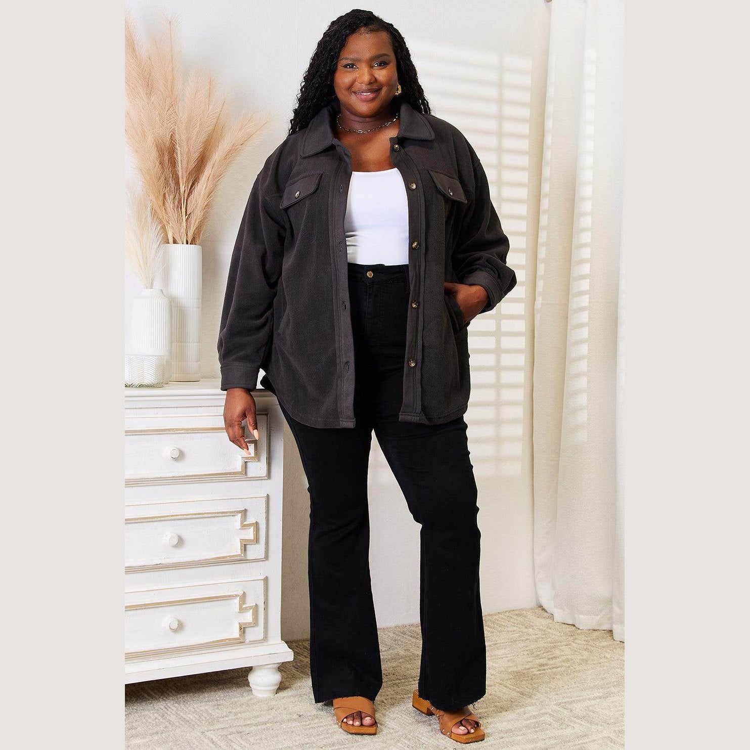 Heimish Cozy Girl Full Size Button Down Shacket - VacationGrabs