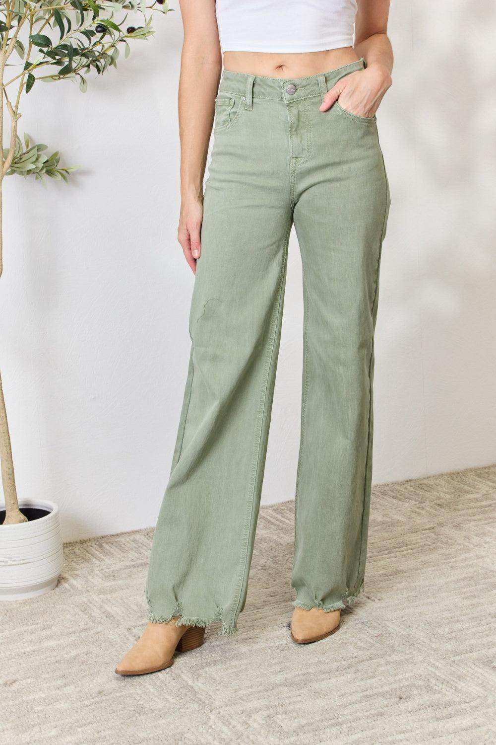 Risen Full Size Raw Hem Wide-Leg Jeans - VacationGrabs