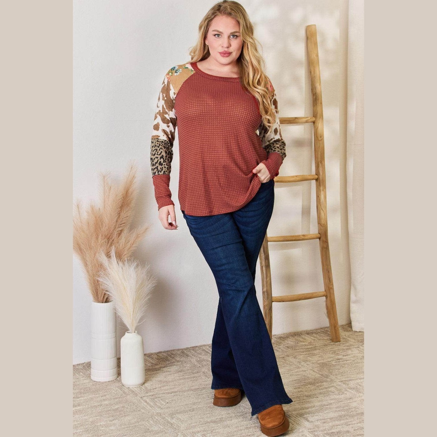 Hailey & Co Full Size Leopard Waffle-Knit Blouse - VacationGrabs