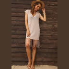 Fringe Hem Short Sleeve Deep V Cover Up Dress - VacationGrabs