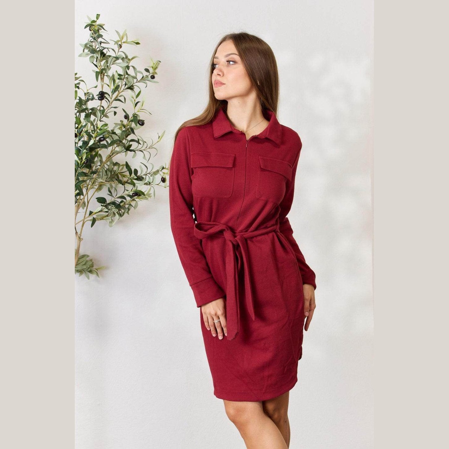 Culture Code Full Size Tie Front Half Zip Long Sleeve Shirt - VacationGrabs