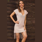 Fringe Hem Short Sleeve Deep V Cover Up Dress - VacationGrabs
