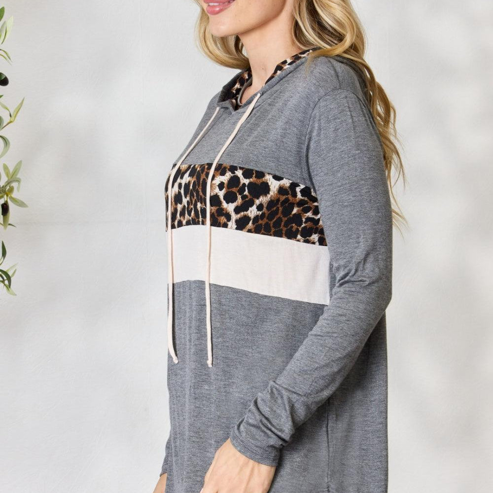 Women's Sweatshirts & Hoodies BiBi Leopard Color Block Drawstring Hoodie