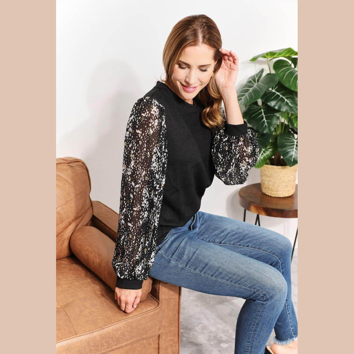 And The Why Full Size Foil Printed Sleeve Top - VacationGrabs