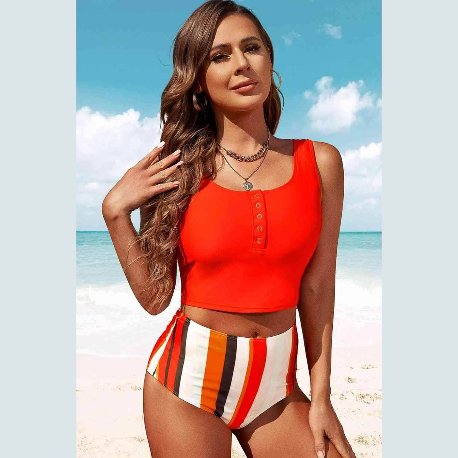 Half Snap Square Neck Tankini Set - VacationGrabs