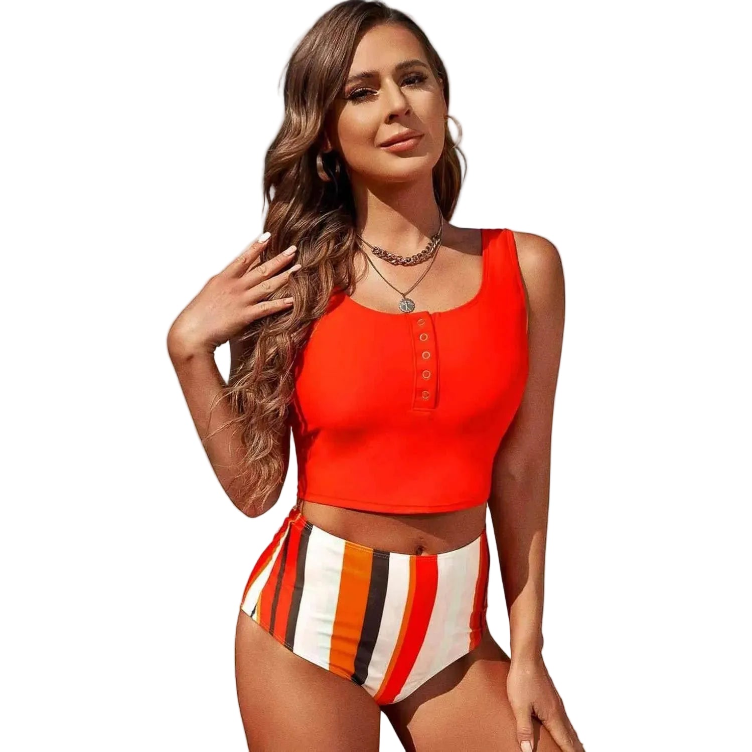 Half Snap Square Neck Tankini Set - VacationGrabs