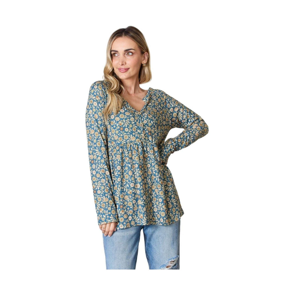 Heimish Full Size Floral Half Button Long Sleeve Blouse - VacationGrabs
