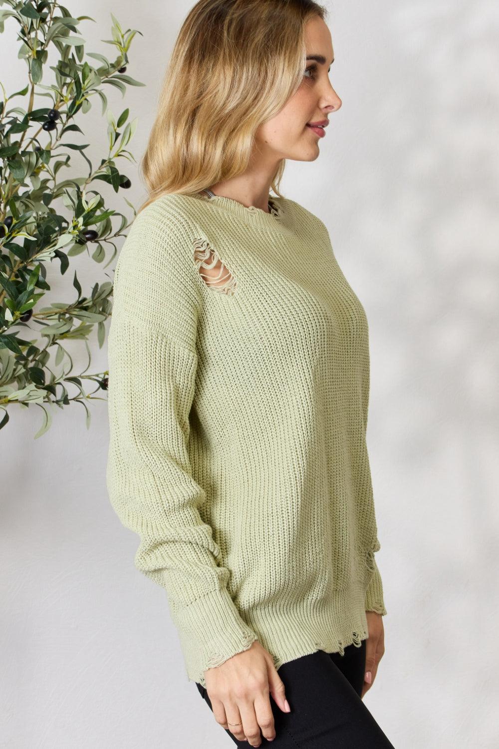 Women's Sweaters BiBi Distressed Round Neck Long Sleeve Sweater