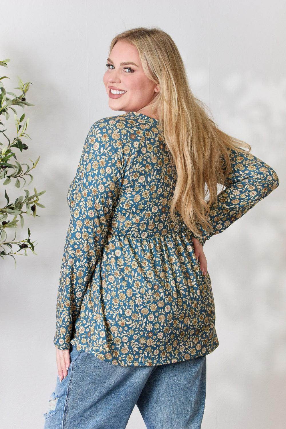Heimish Full Size Floral Half Button Long Sleeve Blouse - VacationGrabs