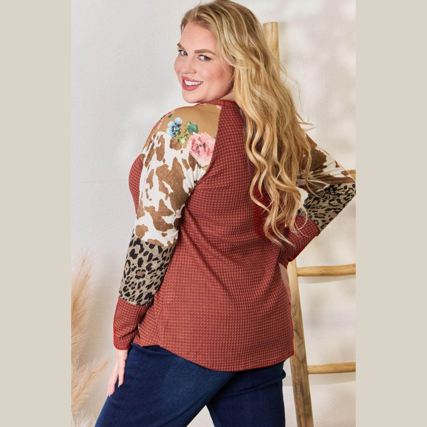 Hailey & Co Full Size Leopard Waffle-Knit Blouse - VacationGrabs