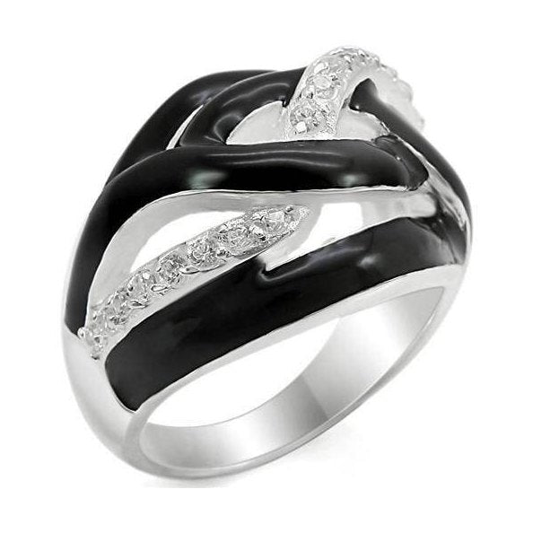 Stylish 925 silver fashion ring for women with black enamel and sparkling stones