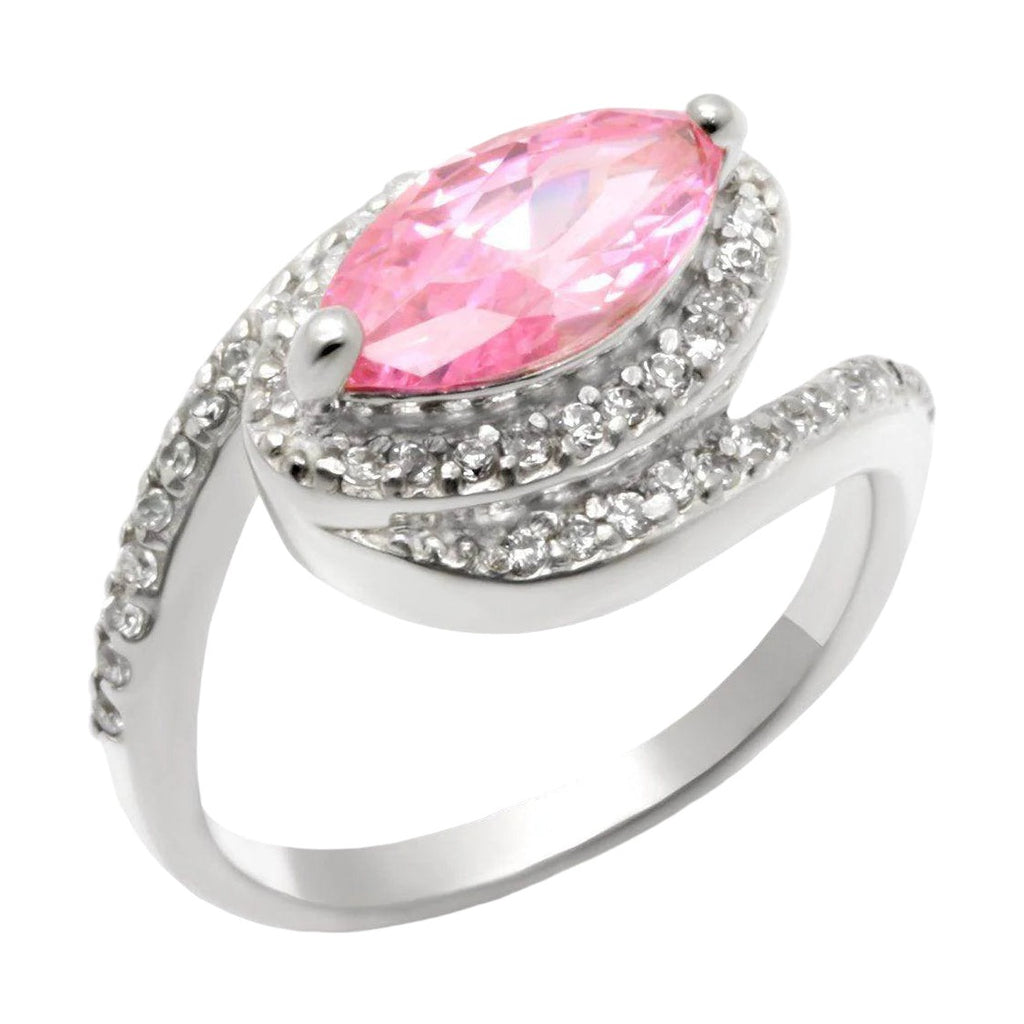 Stunning 925 sterling silver cocktail ring with a pink marquise gemstone and shimmering accents