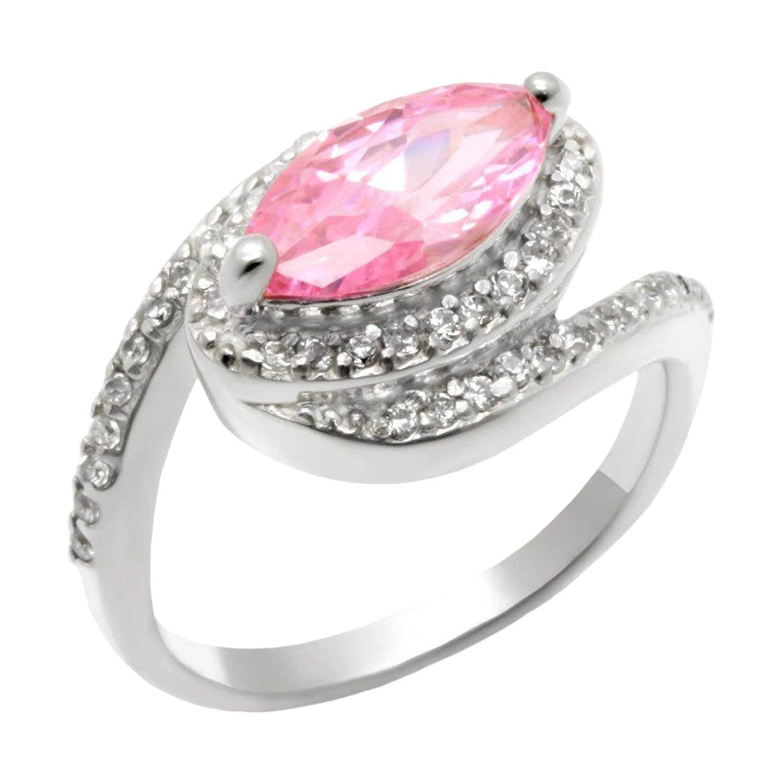 Stunning 925 sterling silver cocktail ring with a pink marquise gemstone and shimmering accents