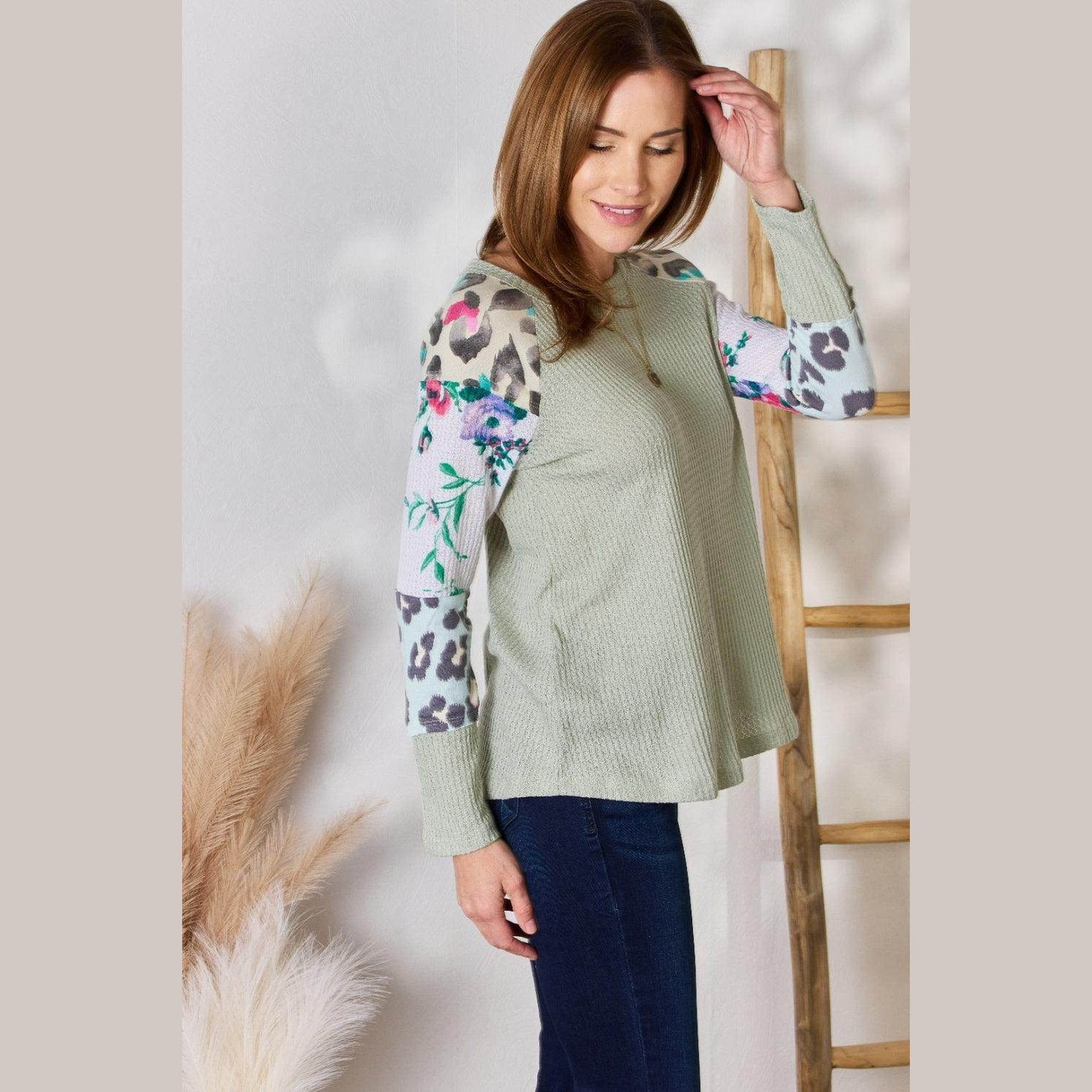 Hailey & Co Full Size Printed Round Neck Blouse - VacationGrabs